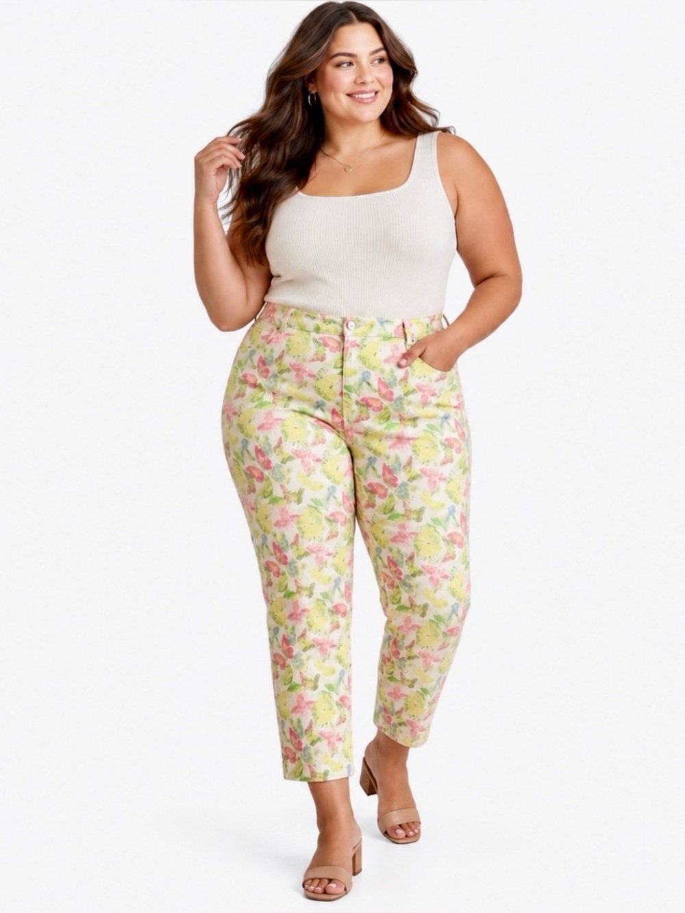 Talbots Heritage Slim Crop 24W Plus Butterfly Floral Pants Jeans Yellow Pink